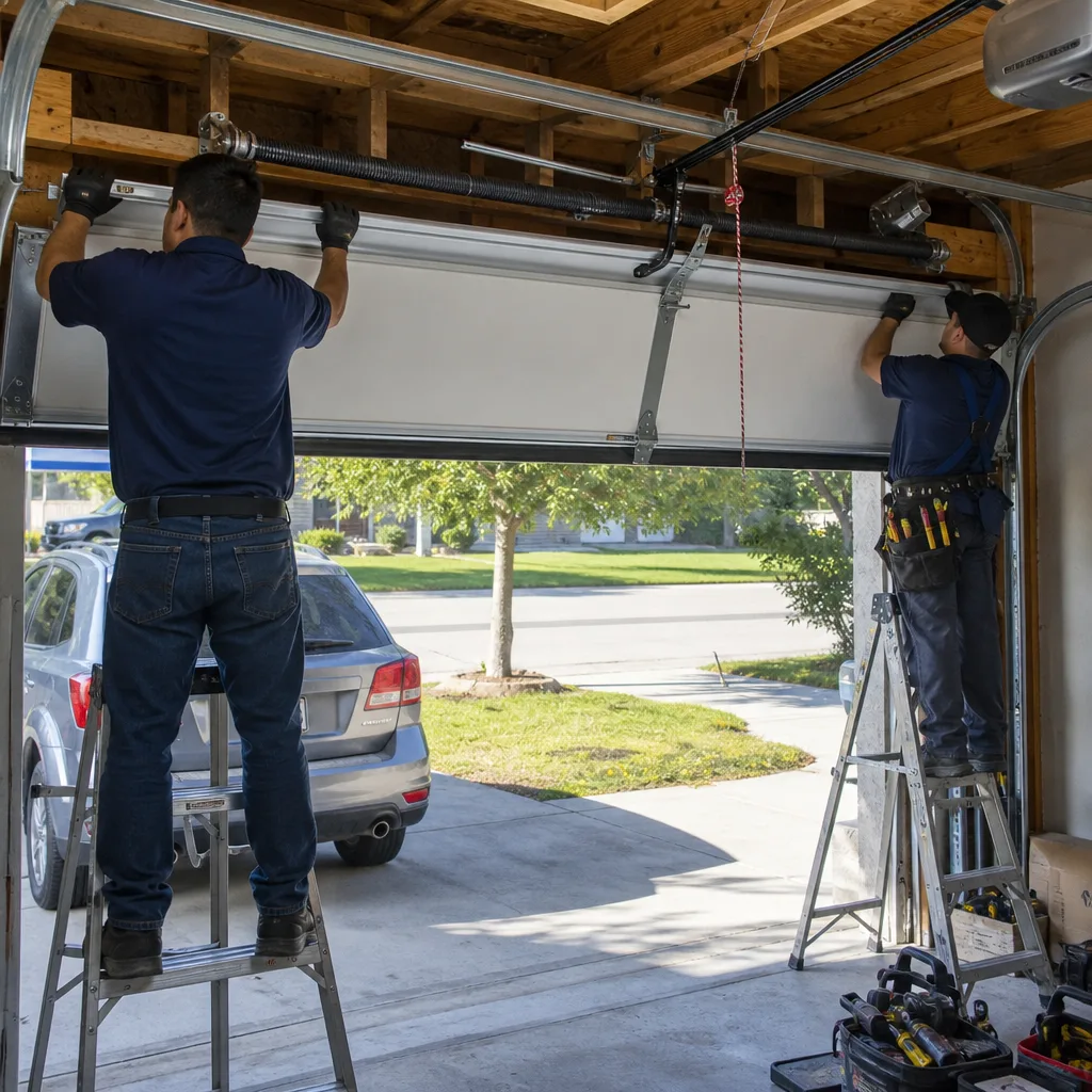 Two technicians installing a residential sectional garage door on ladders.