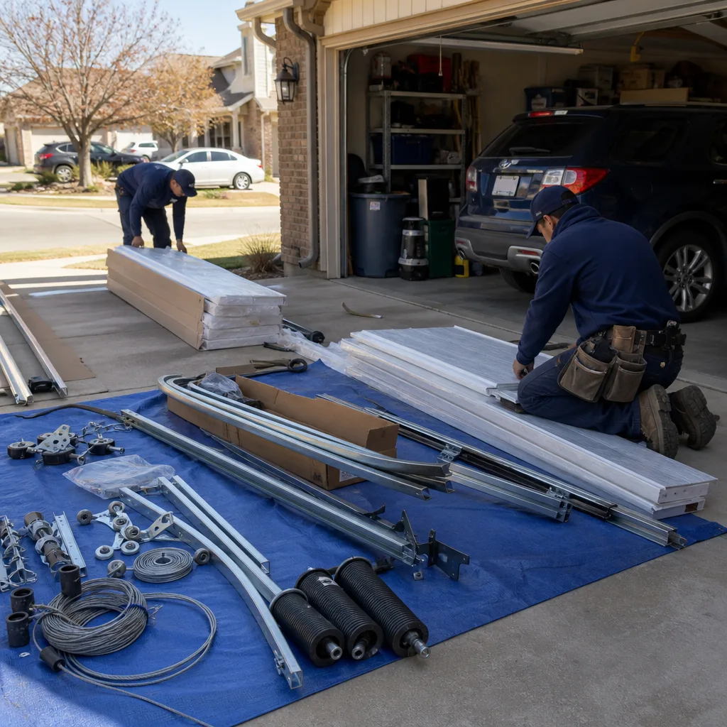 Professional garage door installation technicians working on a new door assembly.