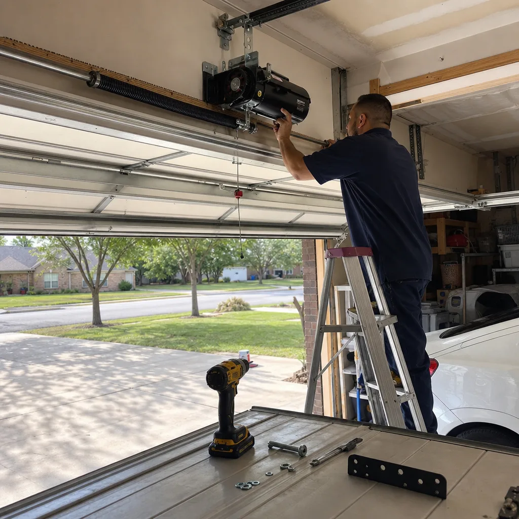Technician performing professional garage door opener repair and installation