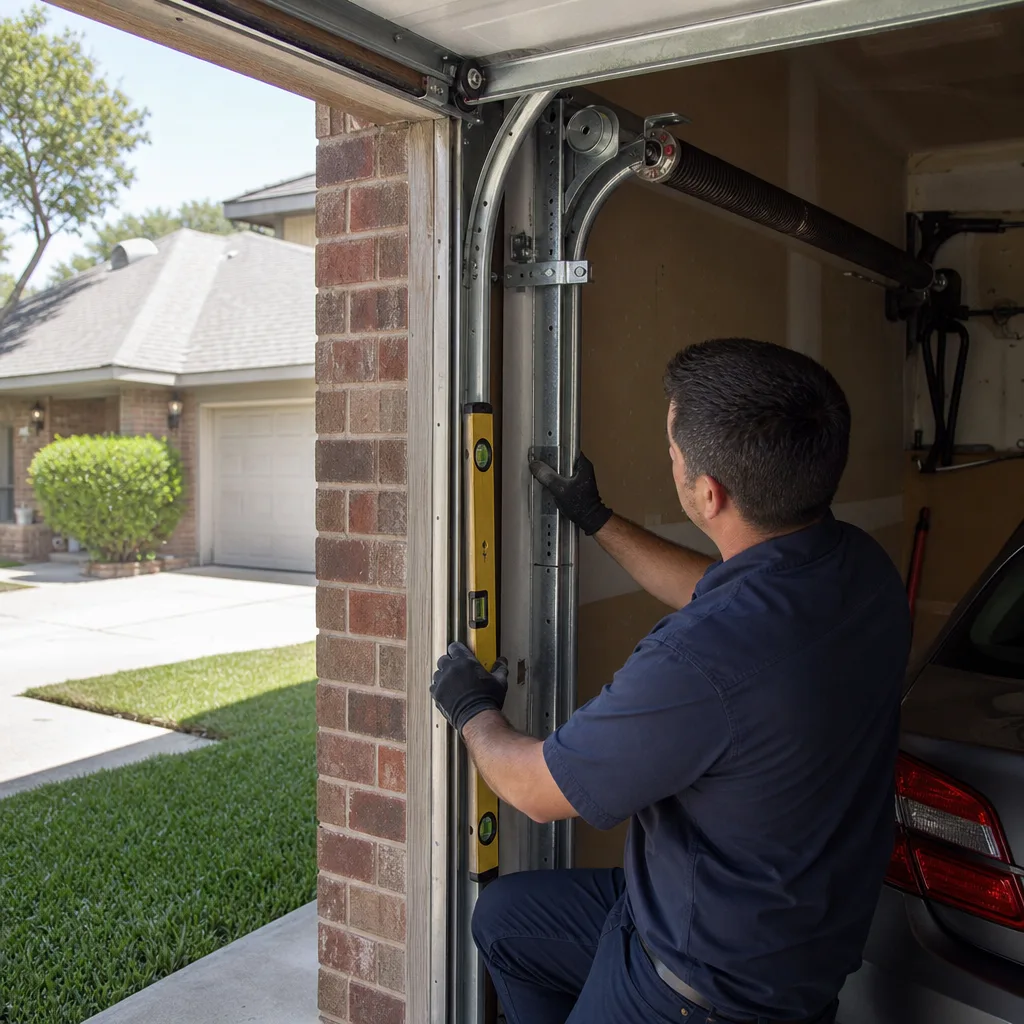 Technician using a level to install or repair a garage door track