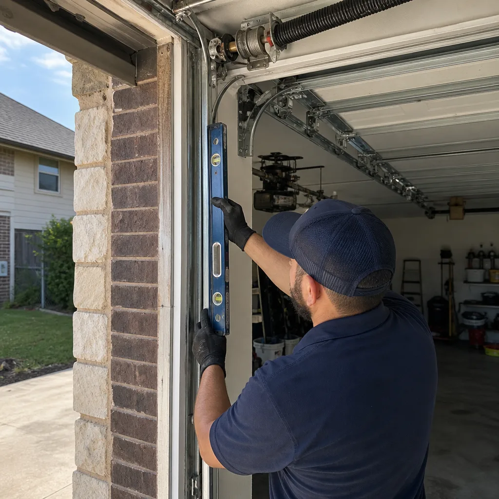 Technician checking vertical alignment of a garage door track
