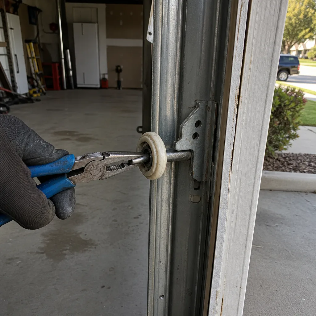 Hand repairing a garage door roller on a metal track